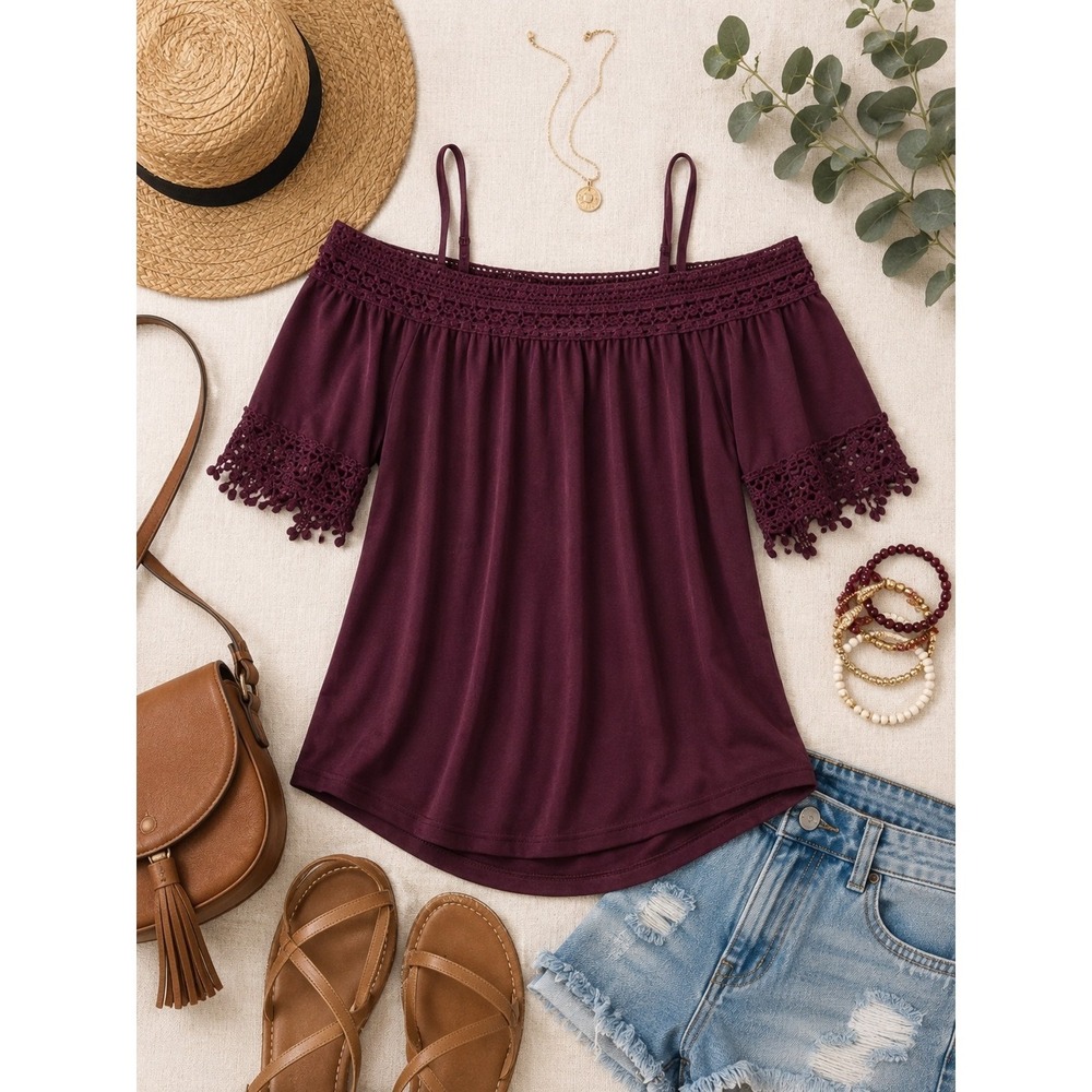 Burgundy Off Shoulder Top Large Boho Lace Trim Peasant Festival Western Coquette